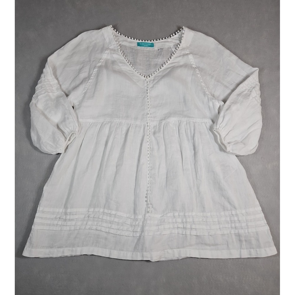 Haris Cotton Womens White Linen 3/4 Sleeve Boho Tunic Blouse Size Medium